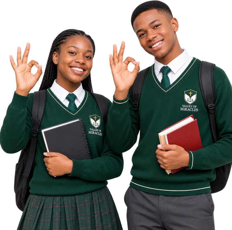 Two Valley of Miracles Academy learners in green school uniform, smiling and holding their books